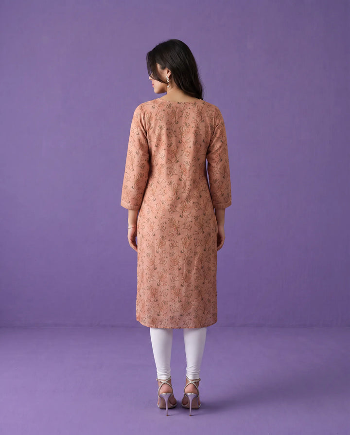 Peach Printed Viscose Blended Straight cut Long Kurta