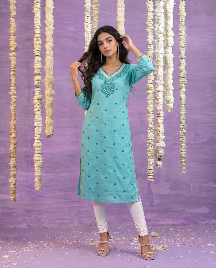 Sky Blue Embroidered Viscose Blended Straight cut Long Kurta