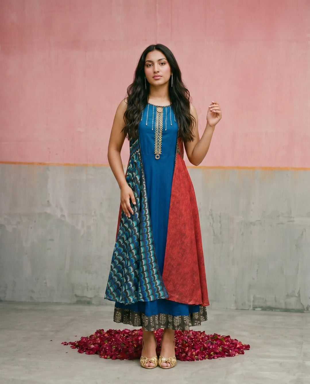 Navy Embriodered Rayon Sleeveless Maxi Dress
