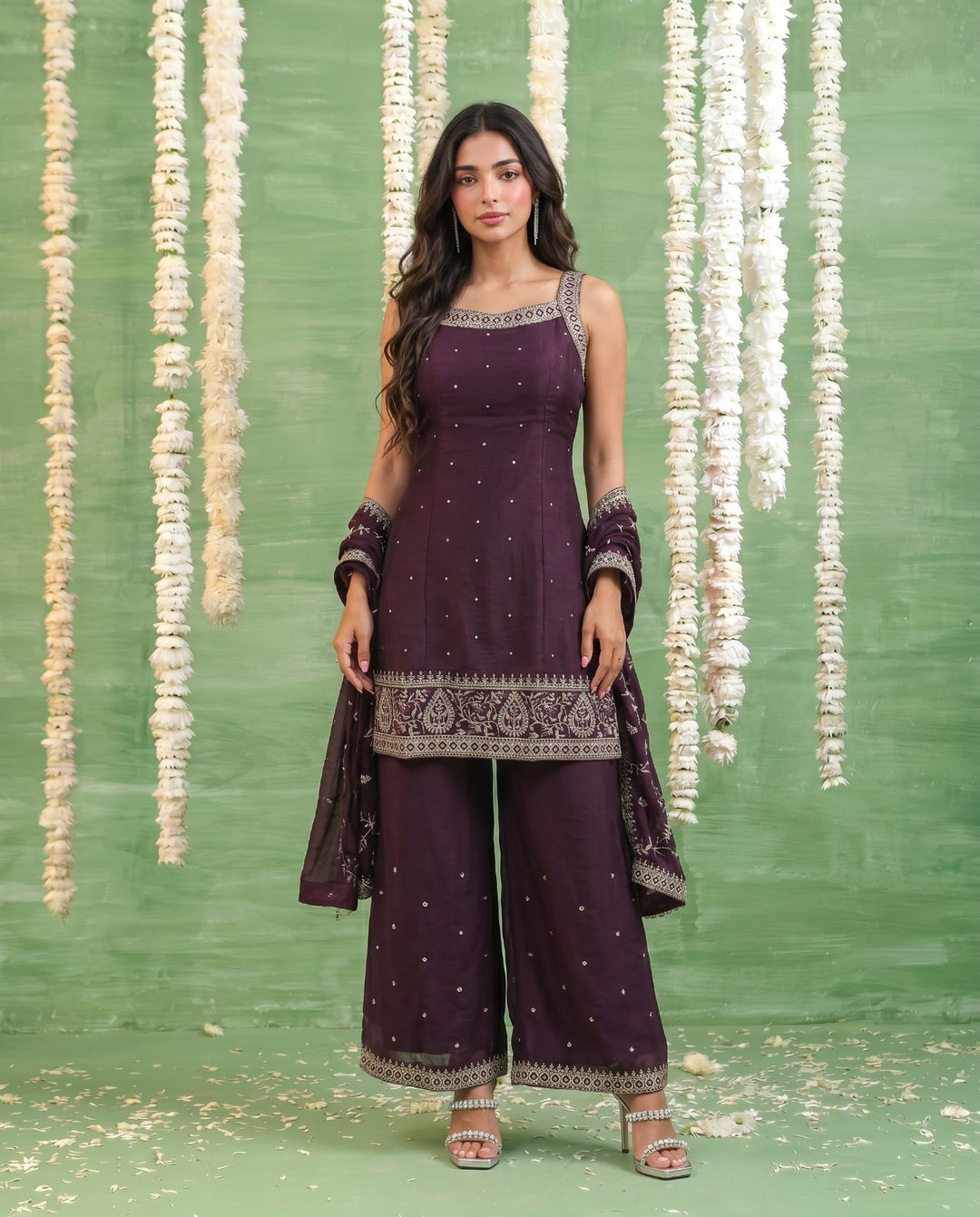 Wine Embriodered Silk Blended Sleeveless Kurta Bottom Dupatta Set