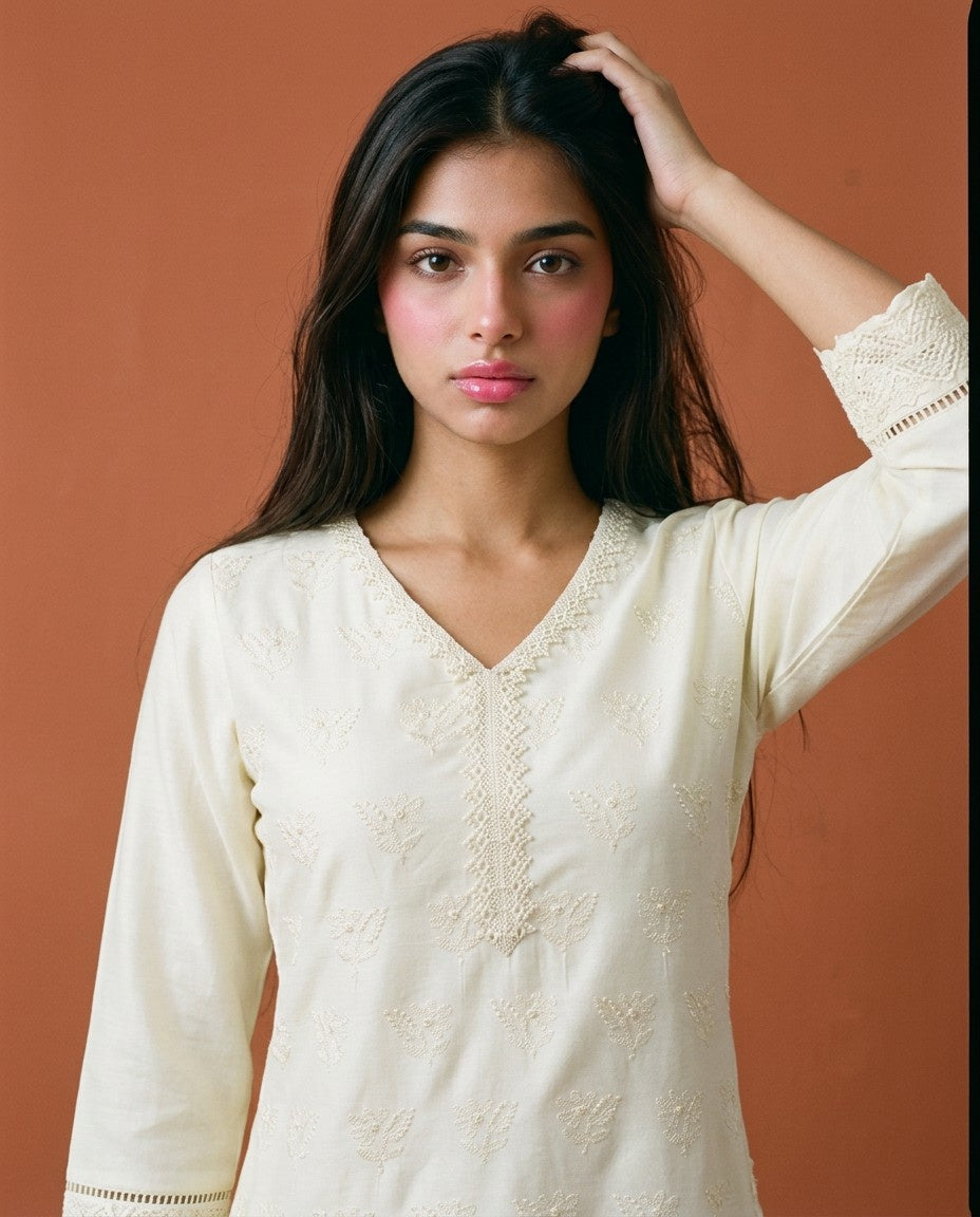 Cream Embriodered Cotton Short Kurti