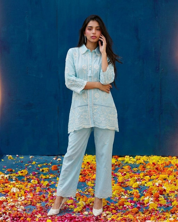 Sky Blue Embroidered Cotton Satin Co-Ord Set