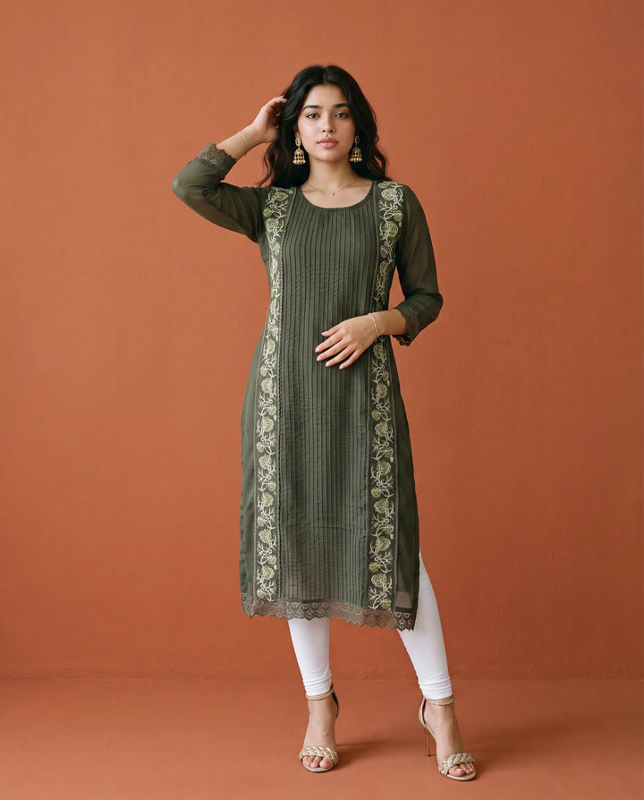 Olive Embroidered Georgette Straight cut Long Kurta