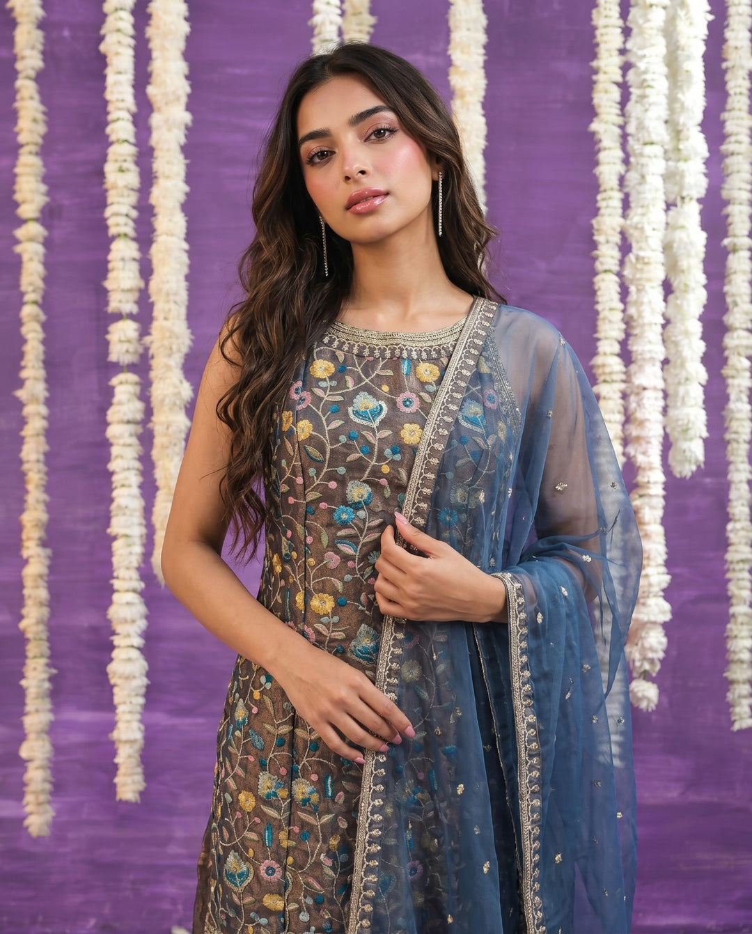 Grey Embriodered Silk Blended Spaghetti Strap Kurta Bottom Dupatta Set
