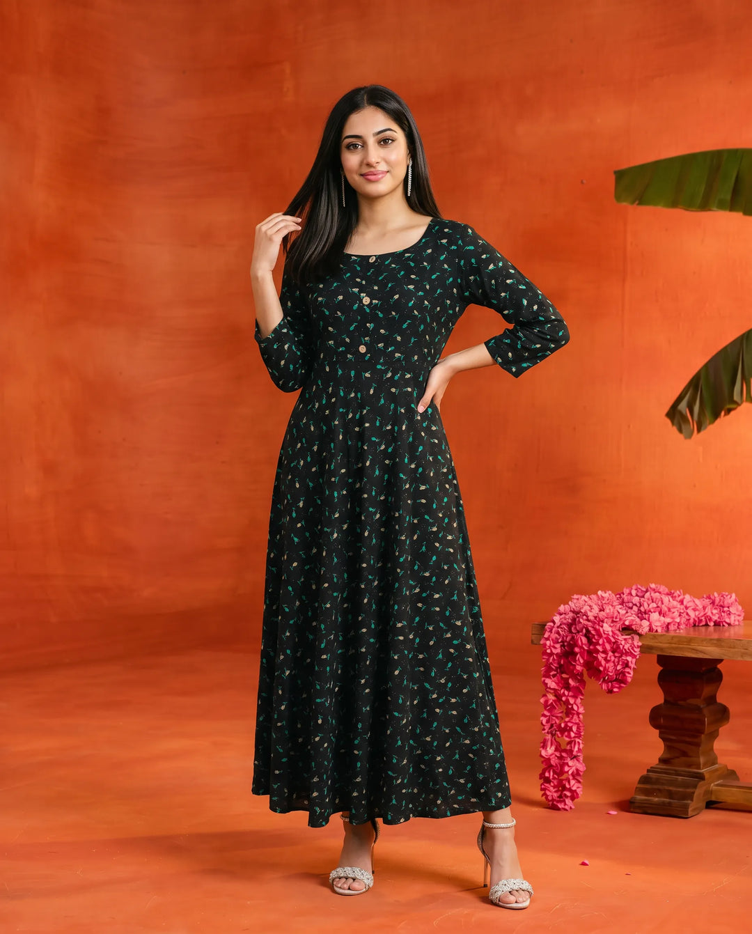 Black Printed Rayon Maxi Dress