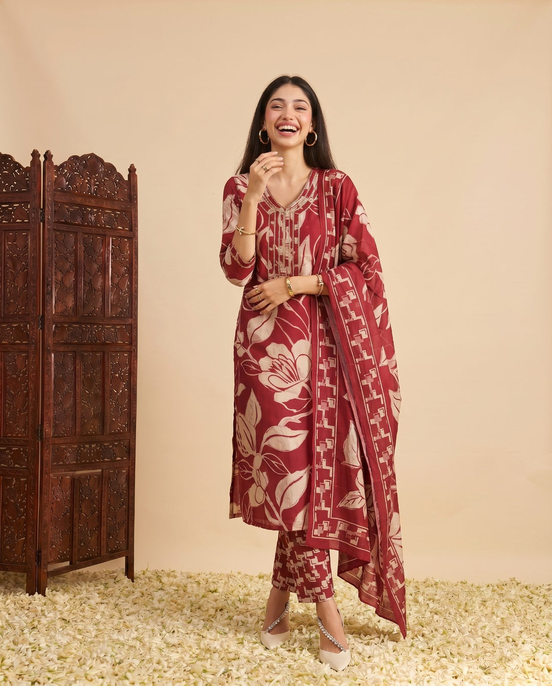 Magenta Printed Chanderi Kurta Bottom Dupatta Set