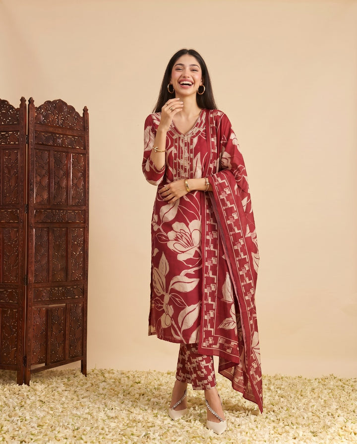 Magenta Printed Chanderi Kurta Bottom Dupatta Set