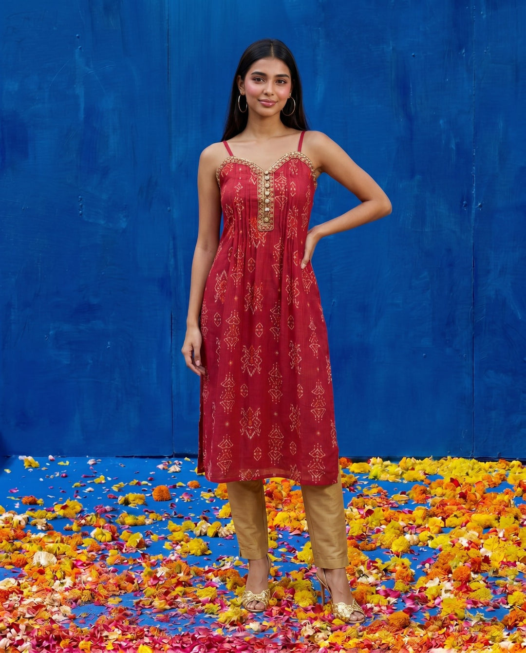 Magenta Embroidered Viscose Blended Spaghetti Strap A-Line Cut Long Kurta