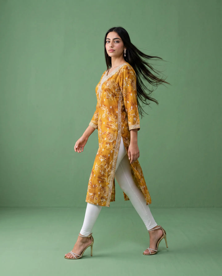 Mustard Embroidered Viscose Blended 3/4 Sleeves Straight Cut Long Kurta