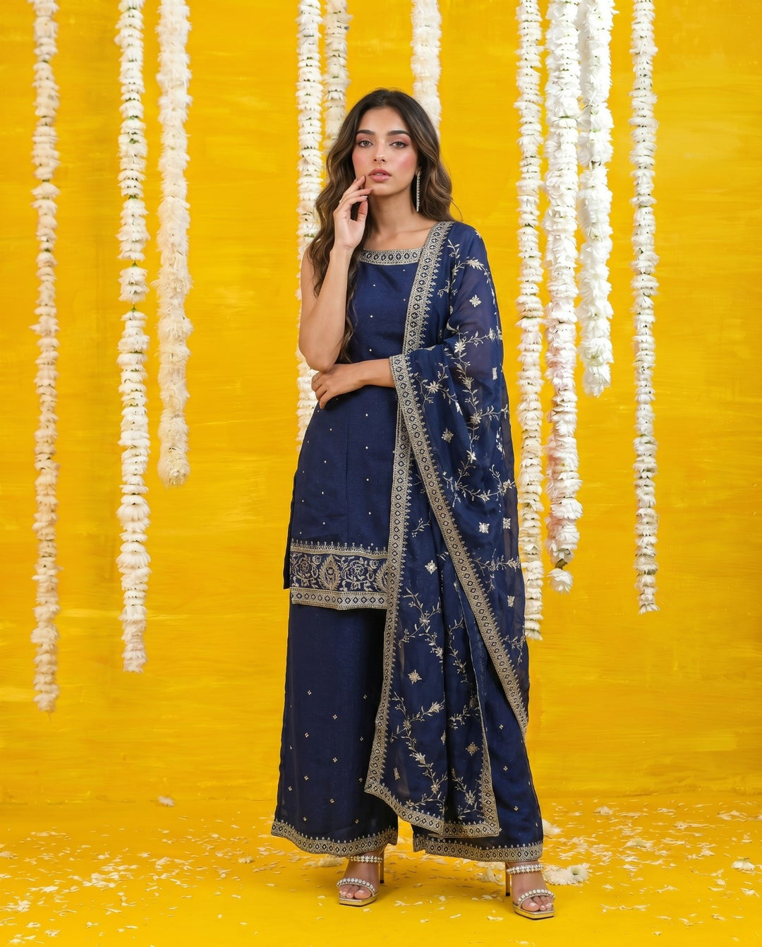 Navy Embriodered Silk Blended Sleeveless Kurta Bottom Dupatta Set