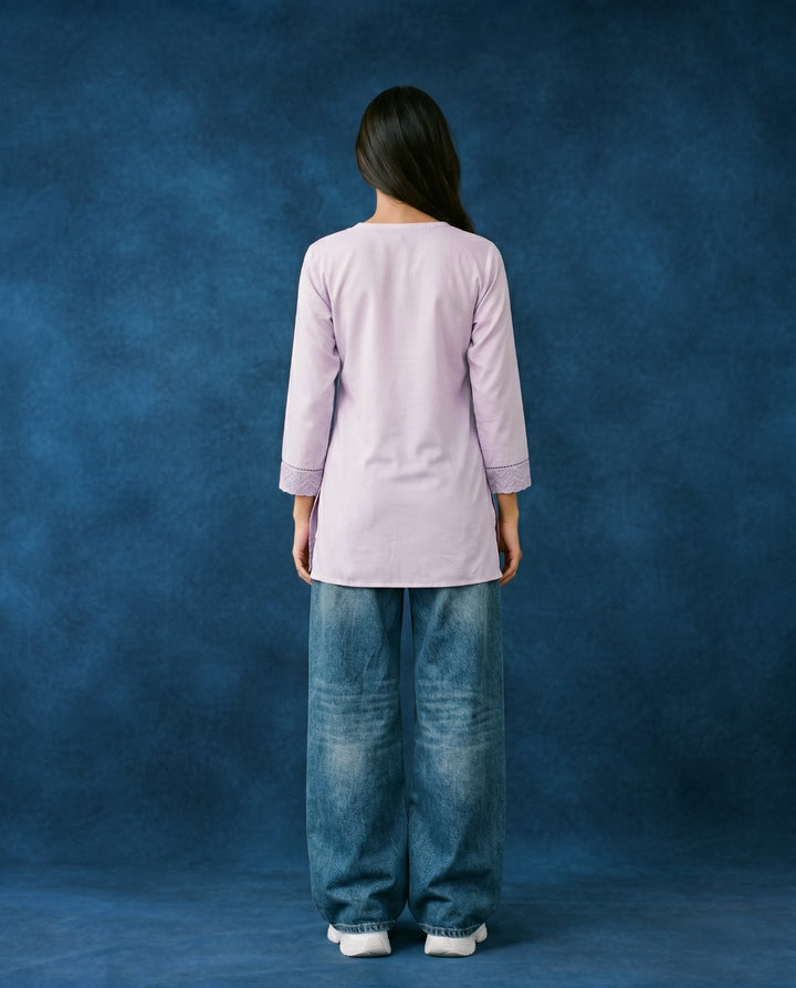 Lavender Embriodered Cotton Short Kurti