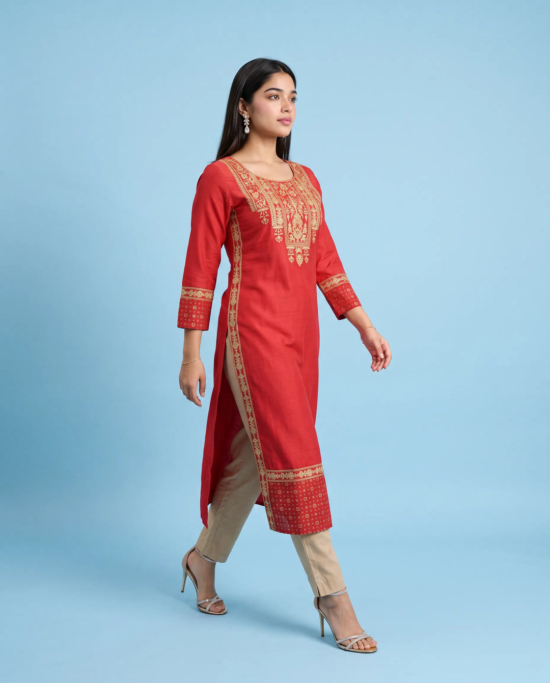 Red Embroidered Viscose Blended Straight cut Long Kurta