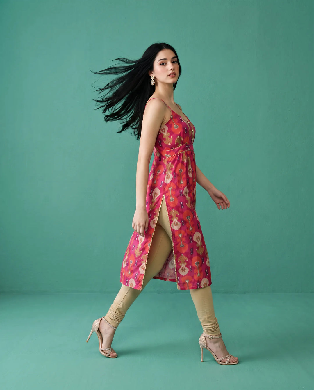 Pink Printed Viscose Blended Spaghetti Strap Straight Cut Long Kurta