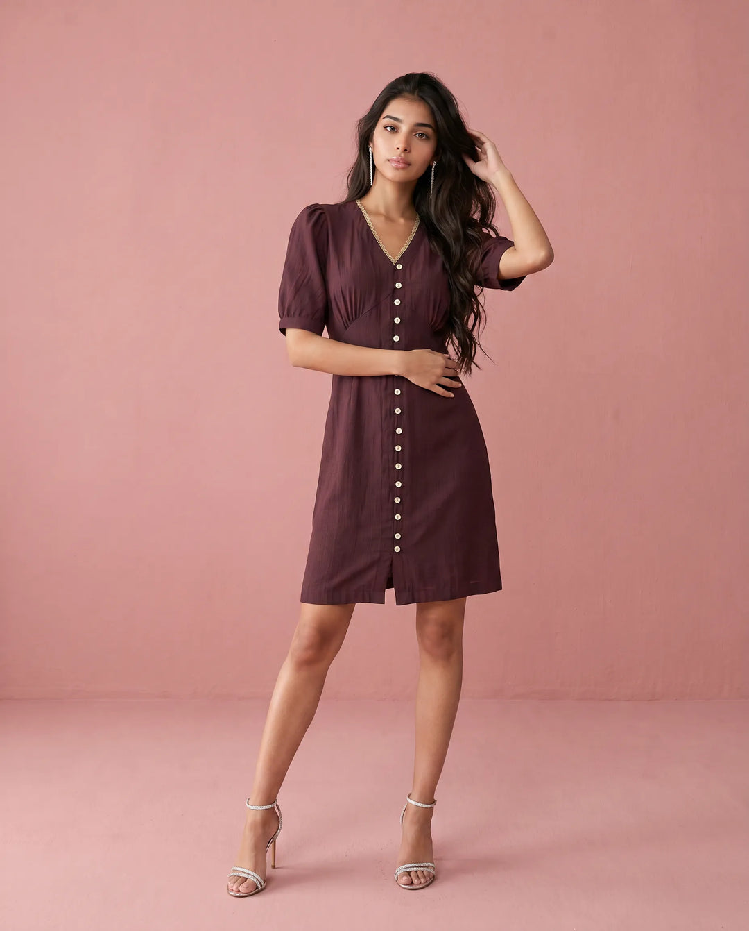 Wine Solid Viscose Blended Midi Dress