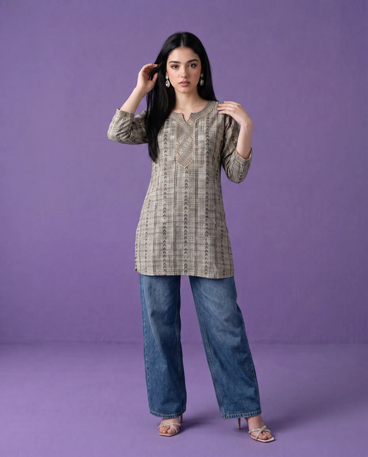 Grey Printed Viscose Blended Short Kurti