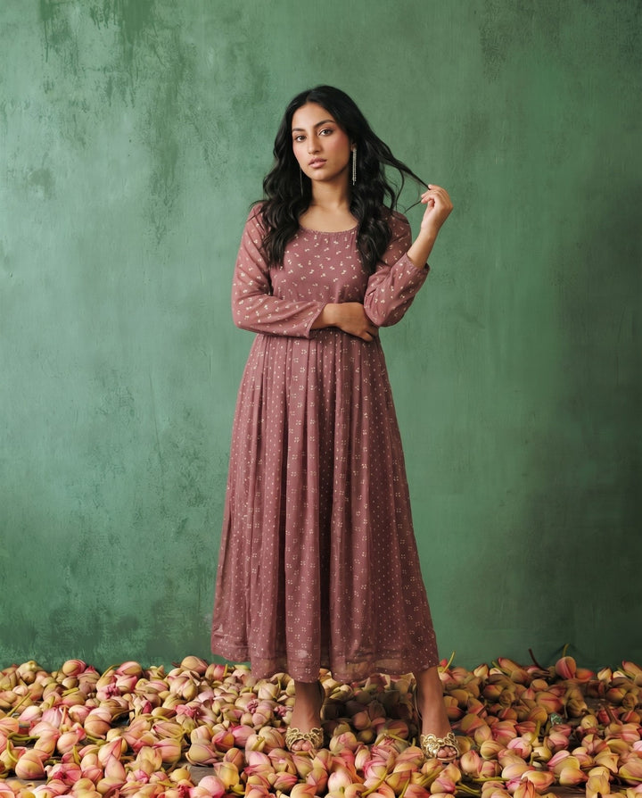 Peach Printed Georgette Maxi Dress