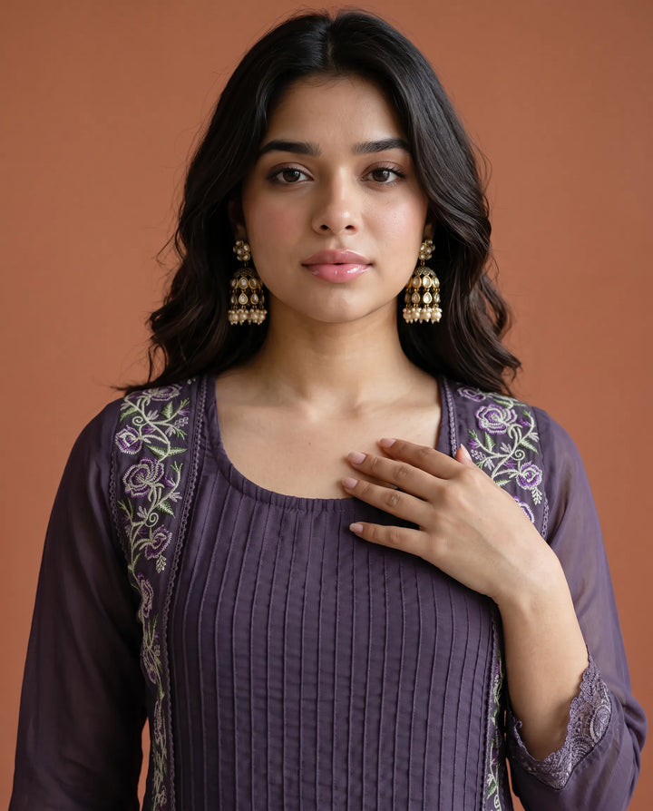 Purple Embroidered Georgette Straight cut Long Kurta