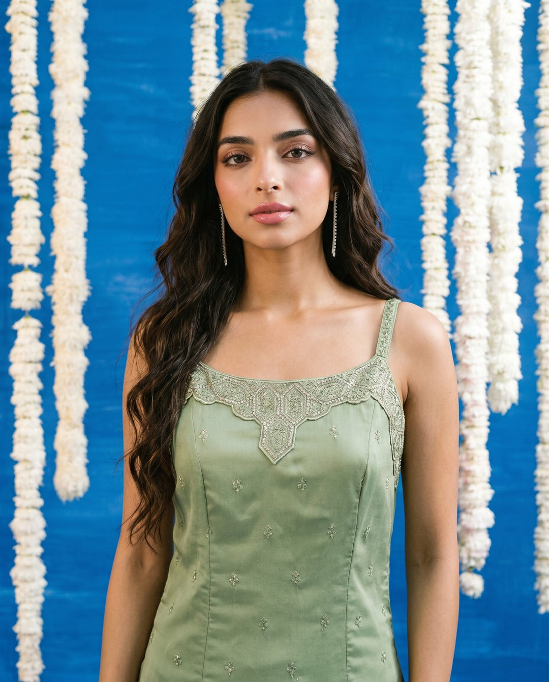Green Embroidered Viscose Blended Spaghetti Strap Straight Cut Long Kurta