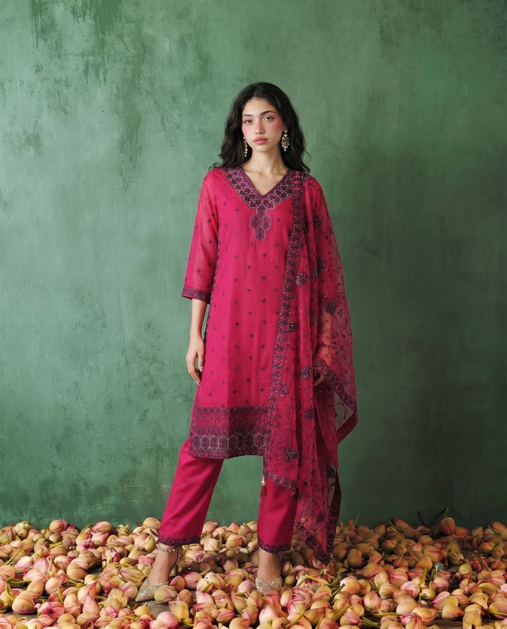 Magenta Embriodered Silk Blended Kurta Bottom Dupatta Set