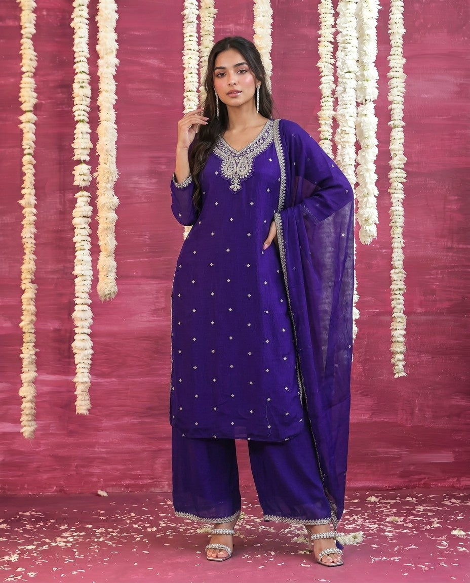 Purple Embriodered Silk Blended Kurta Bottom Dupatta Set