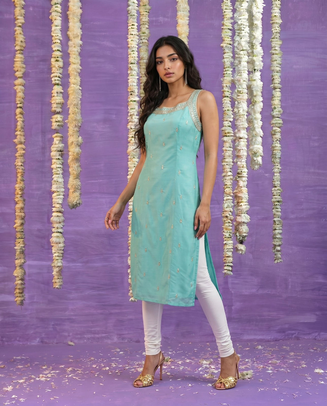 Turquoise Embroidered Viscose Blended Sleeveless Straight cut Long Kurta