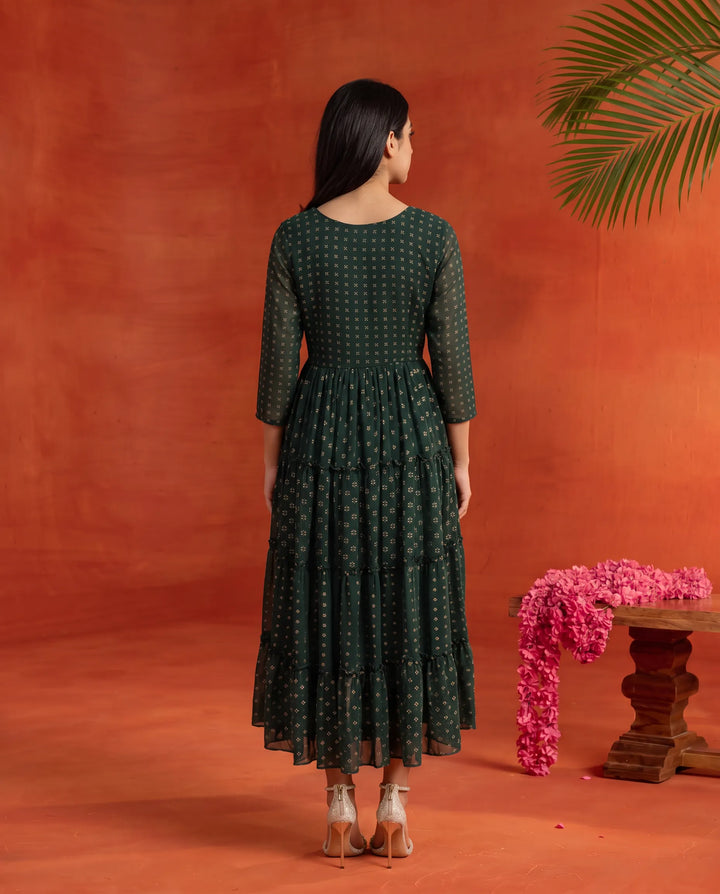 Bottle Green Embriodered Georgette Maxi Dress