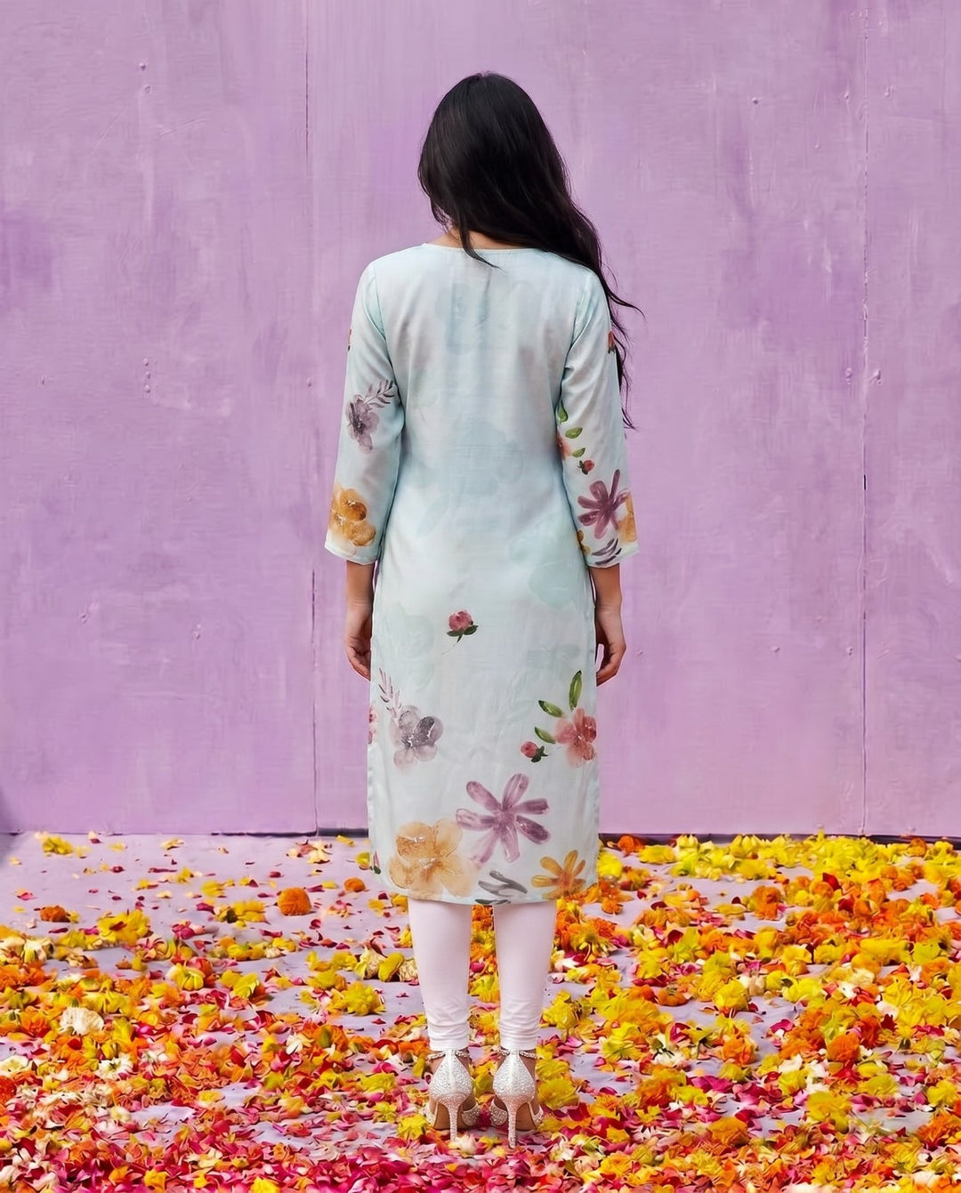 Sea Green Printed Crepe Silk Straight cut Long Kurta