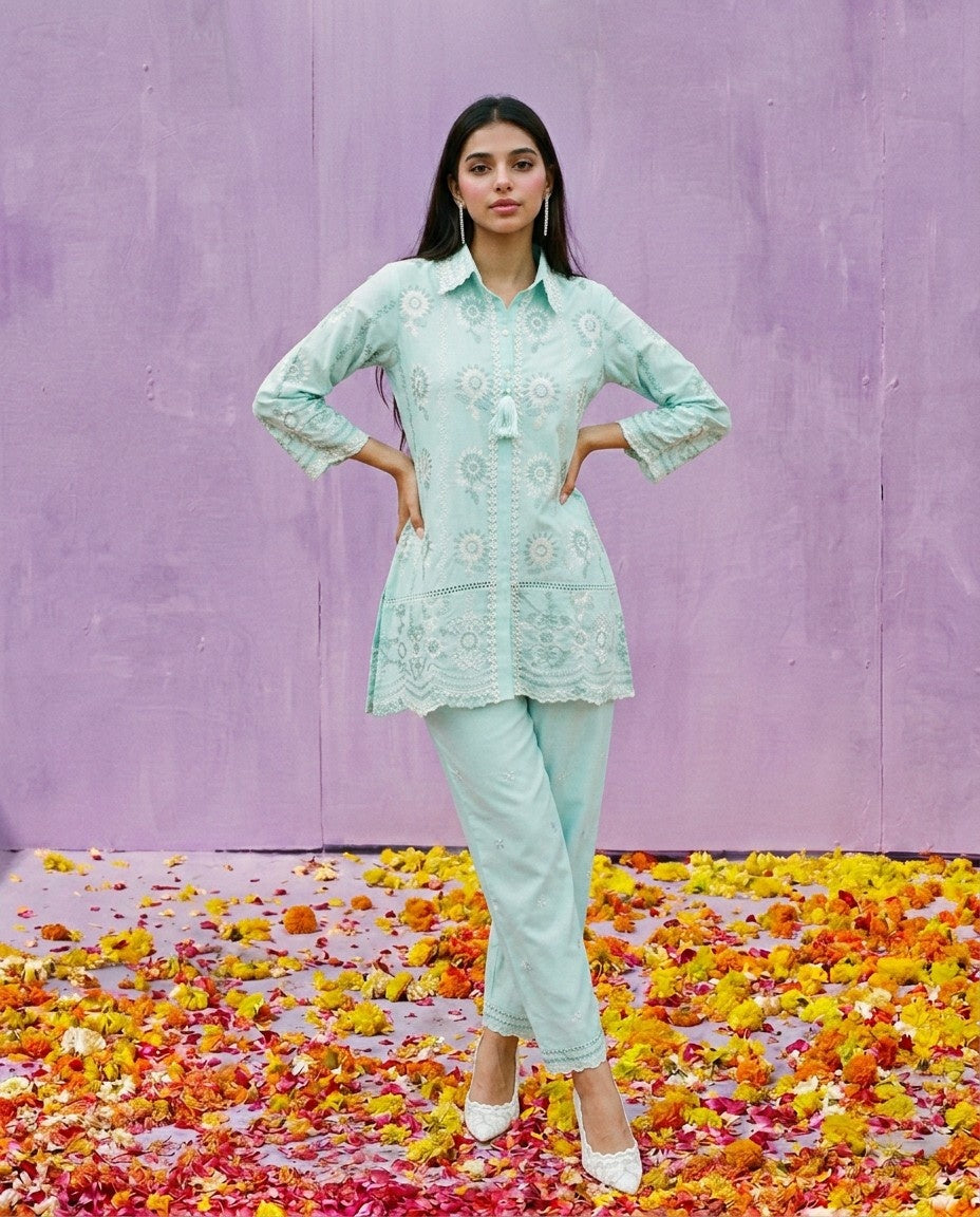 Sea Green Embroidered Cotton Satin Co-Ord Set