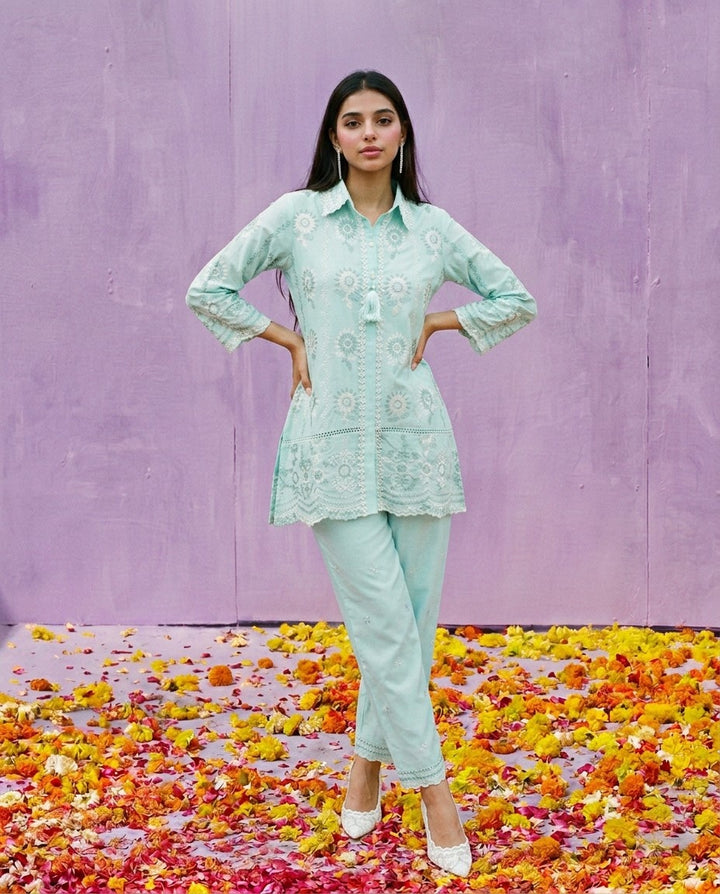 Sea Green Embroidered Cotton Satin Co-Ord Set