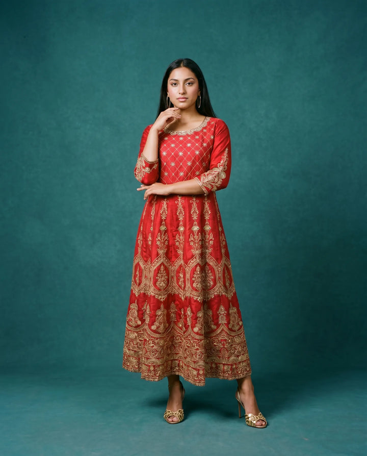 Red Embriodered Silk Blended Maxi Dress