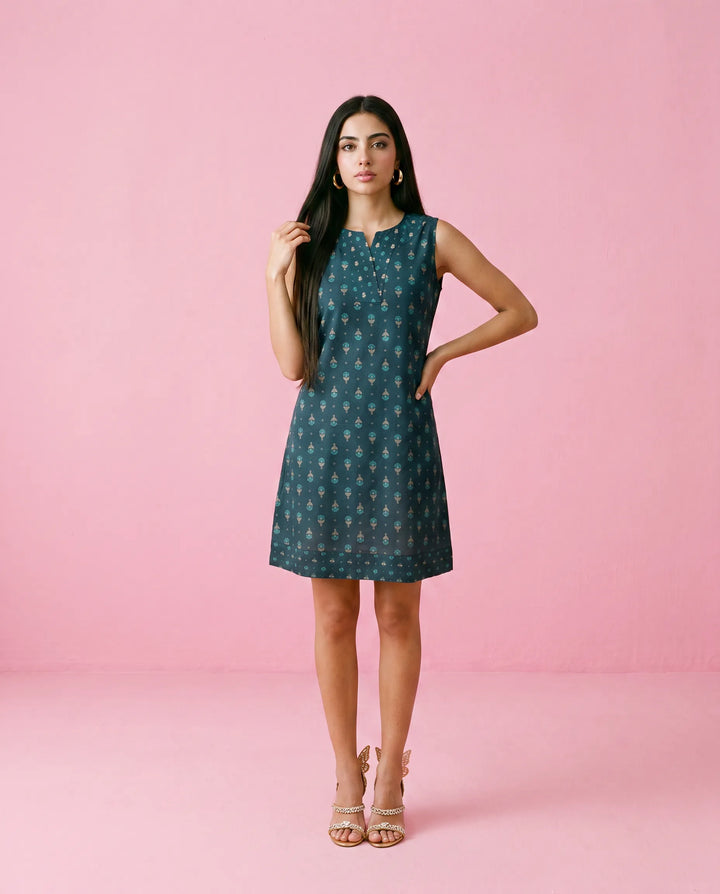 Blue Printed Cotton Midi Dress