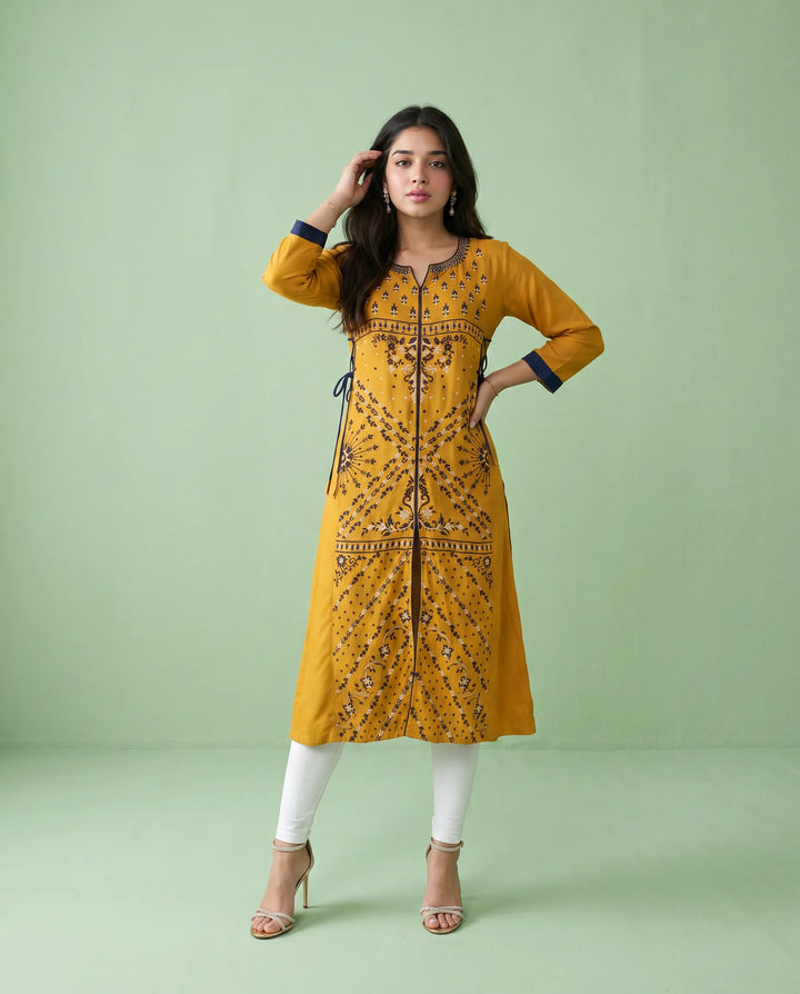 Yellow Embroidered Rayon Straight cut Long Kurta