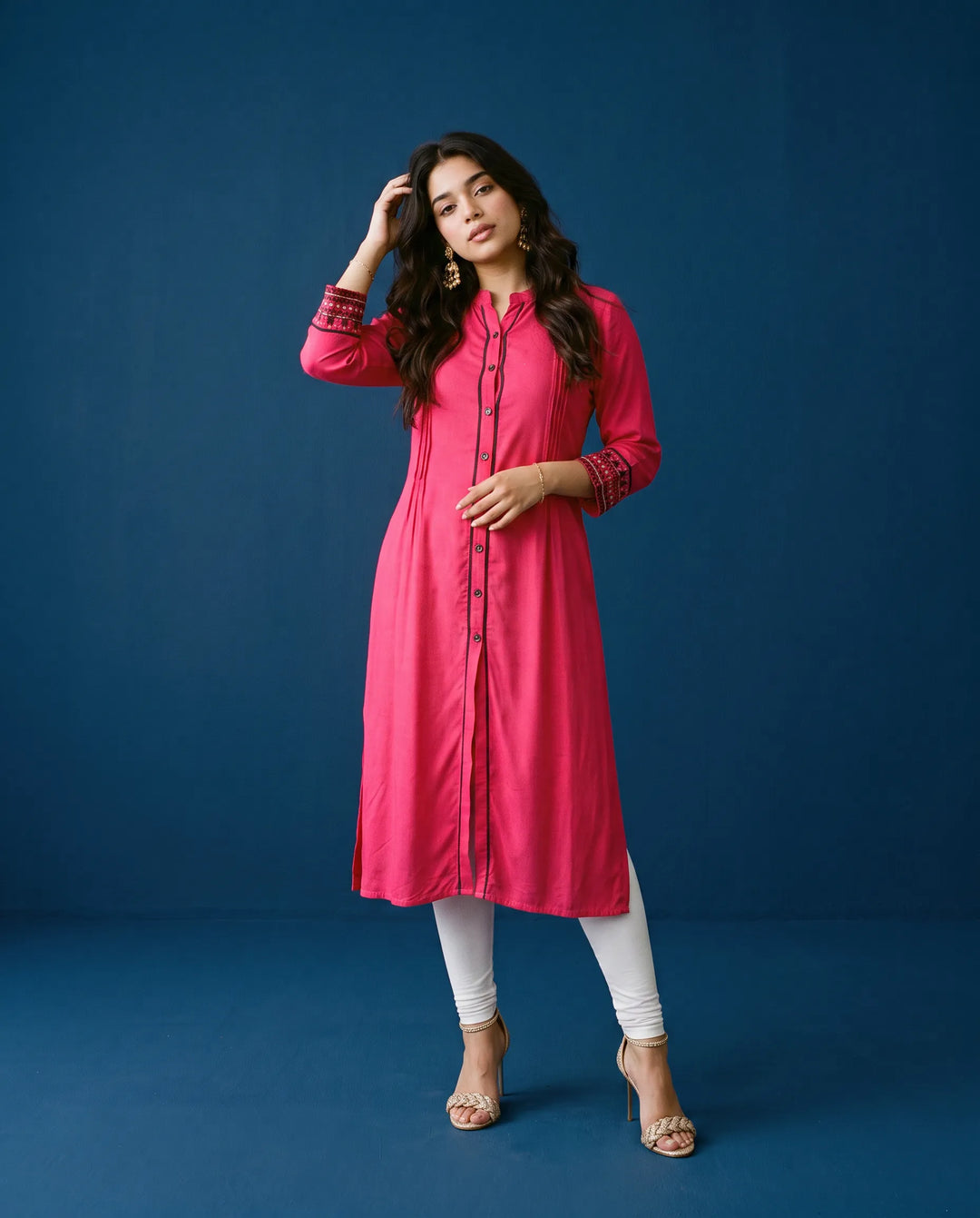Pink Embroidered Rayon Straight cut Long Kurta