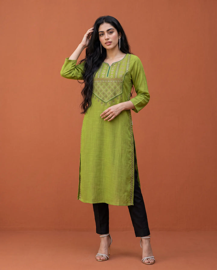 Green Embroidered Cotton Straight cut Long Kurta