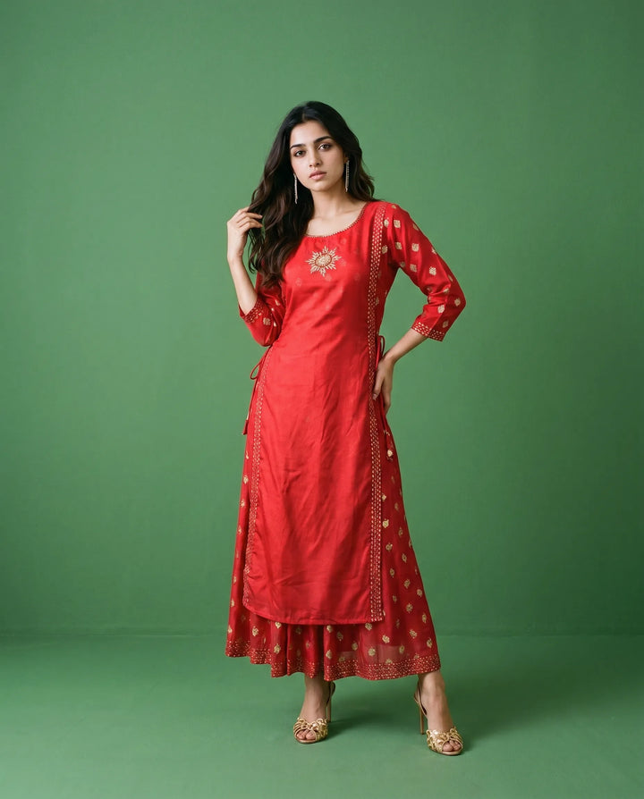 Red Printed Viscose Blended Maxi Dress