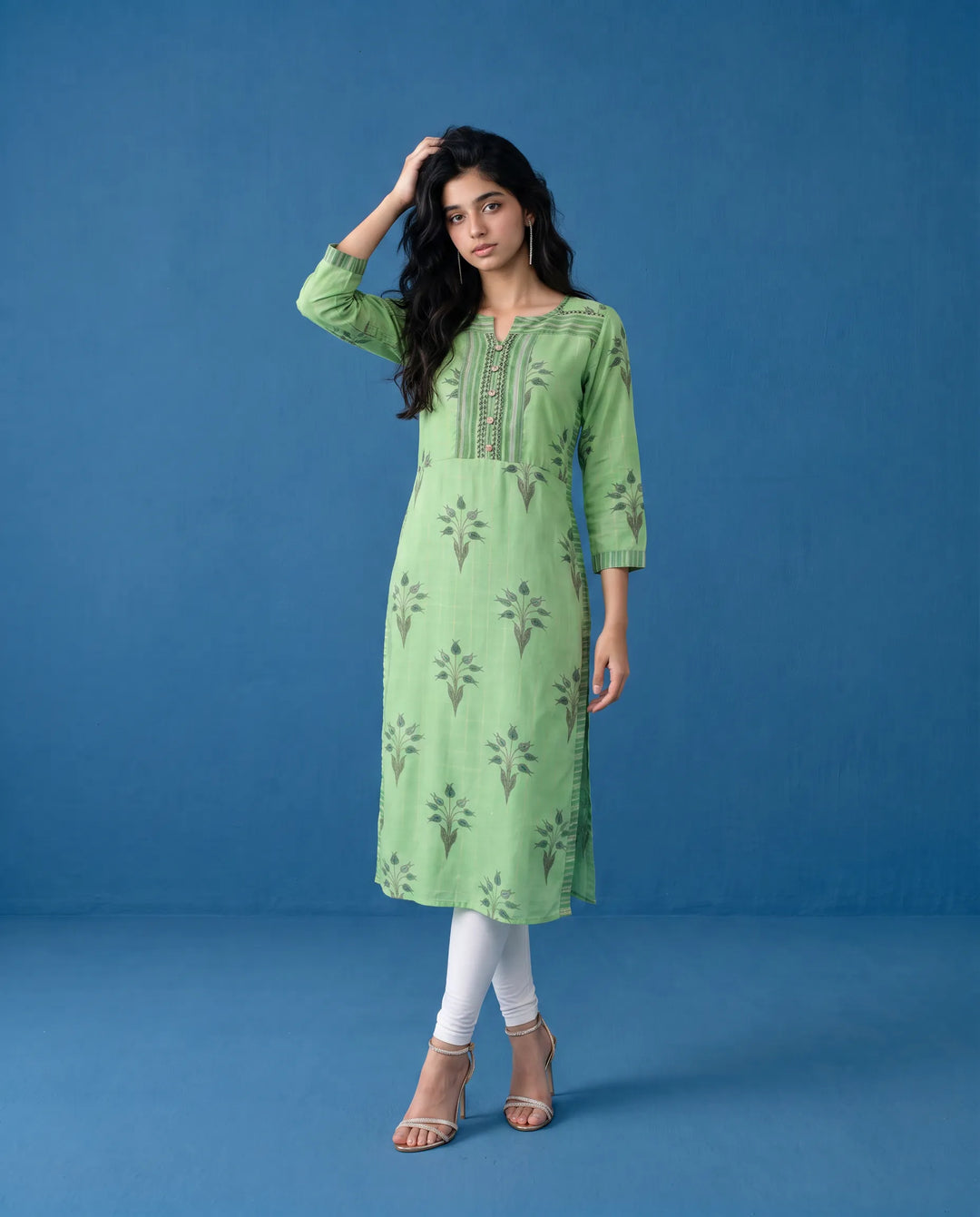 Green Printed Cotton Straight cut Long Kurta