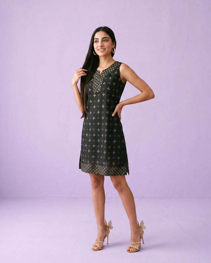 Black Printed Cotton Midi Dress