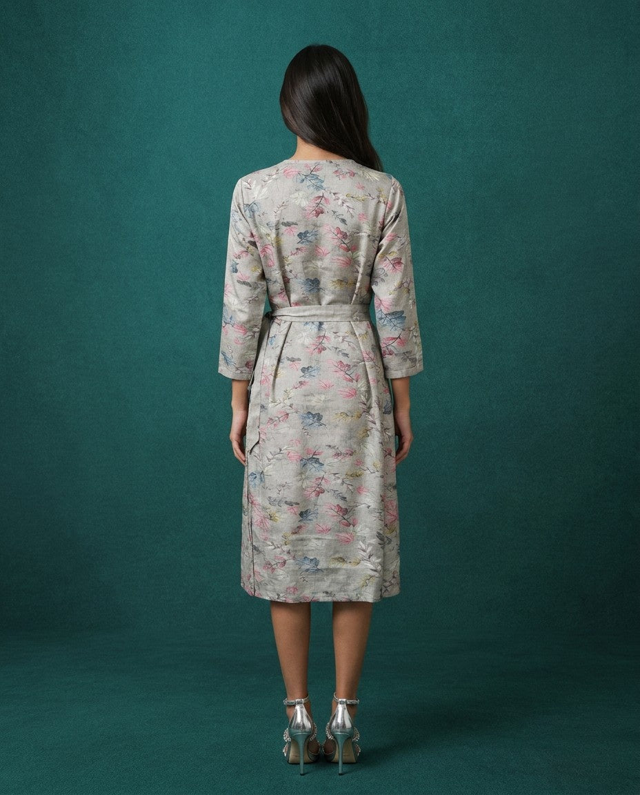 Grey Printed Viscose Blended Midi Dress