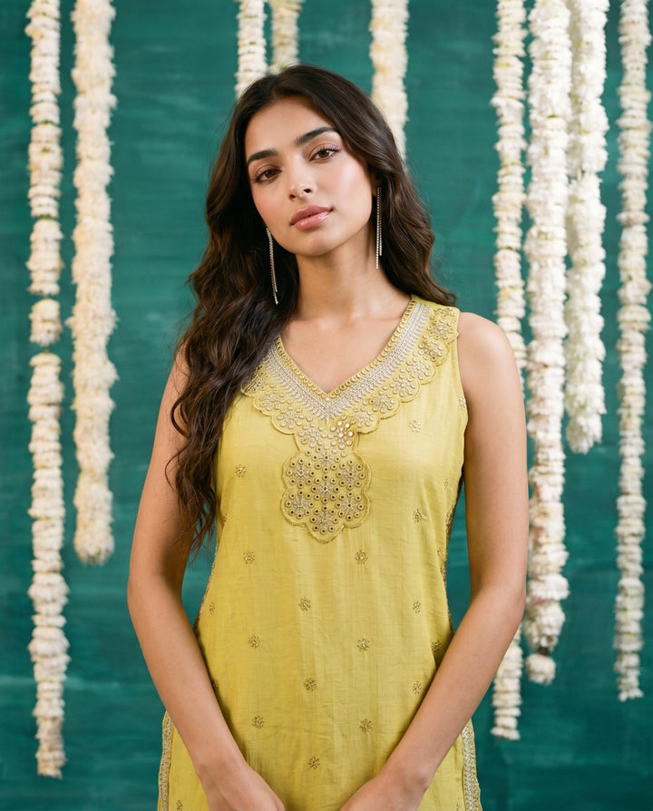 Yellow Embroidered Viscose Blended Straight cut Long Kurta