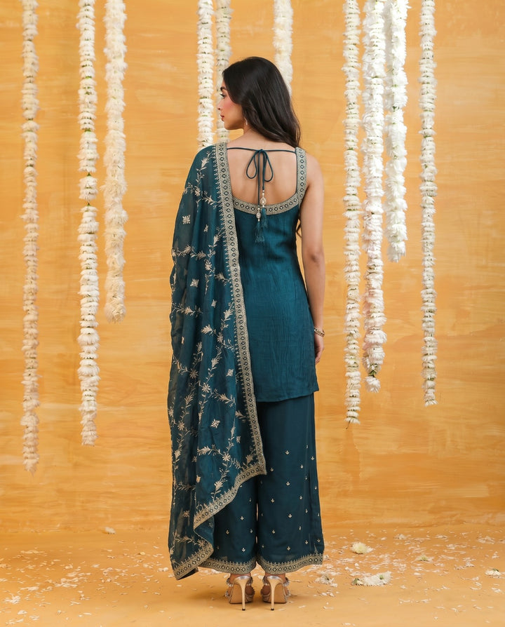 Bottle Green Embriodered Silk Blended Sleeveless Kurta Bottom Dupatta Set