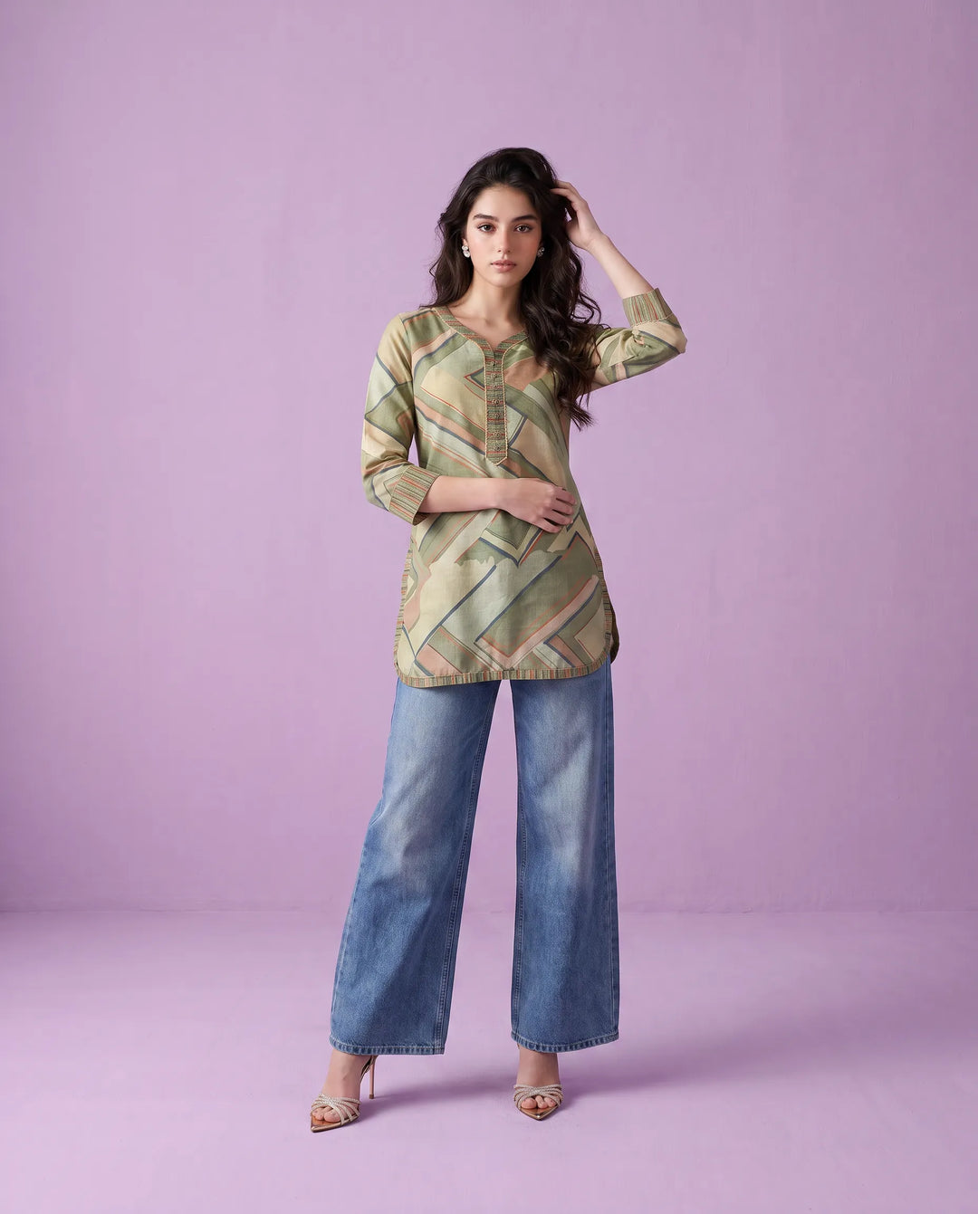 Olive Printed Cotton Blended Short Kurti