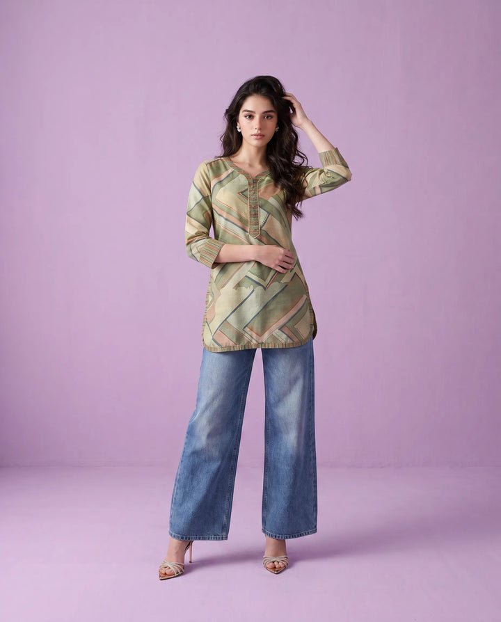 Olive Printed Cotton Blended Short Kurti