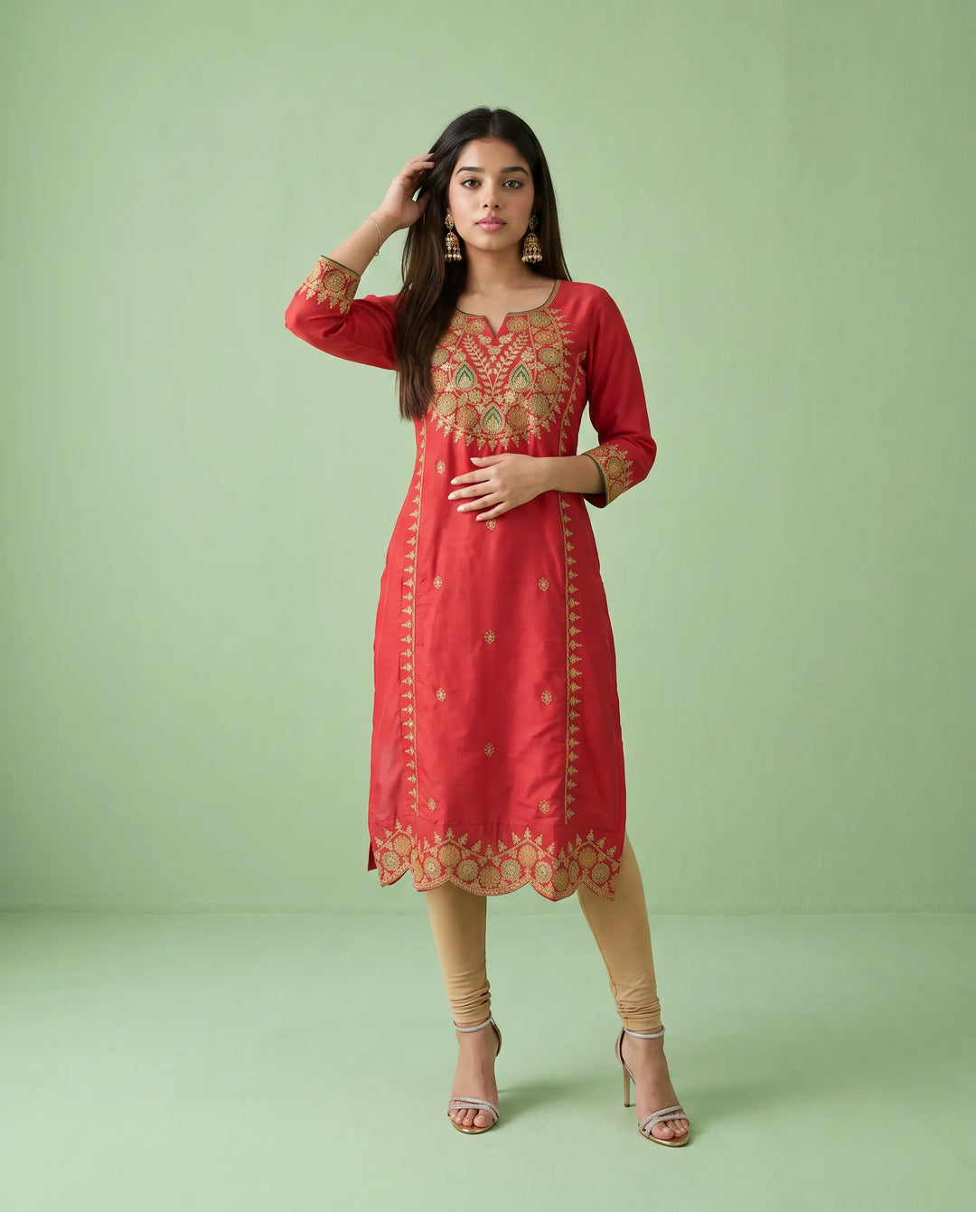Red Embroidered Viscose Blended Straight cut Long Kurta