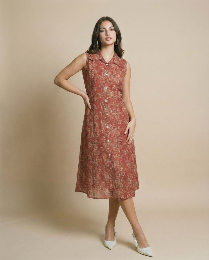 Maroon Printed Viscose Blended Midi Dress