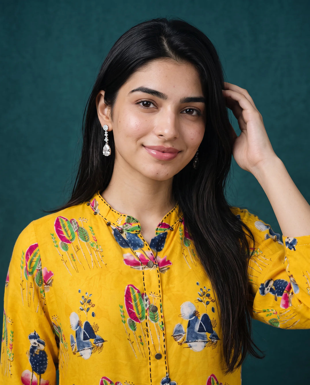 Yellow Printed Rayon Straight cut Long Kurta