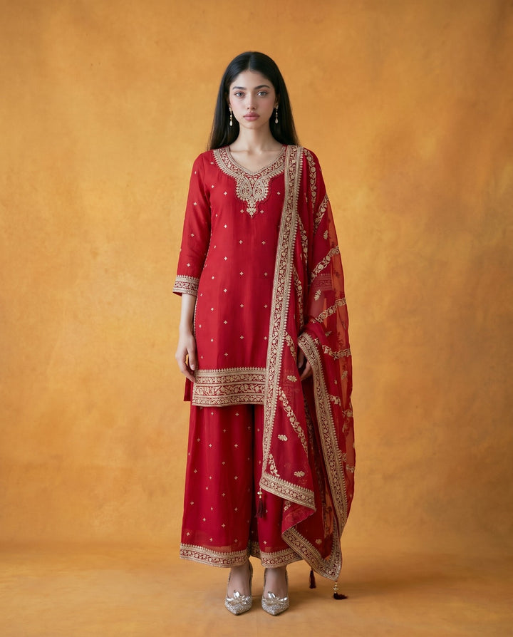 Magenta Embriodered Silk Blended 3/4 Sleeves Kurta Bottom Dupatta Set