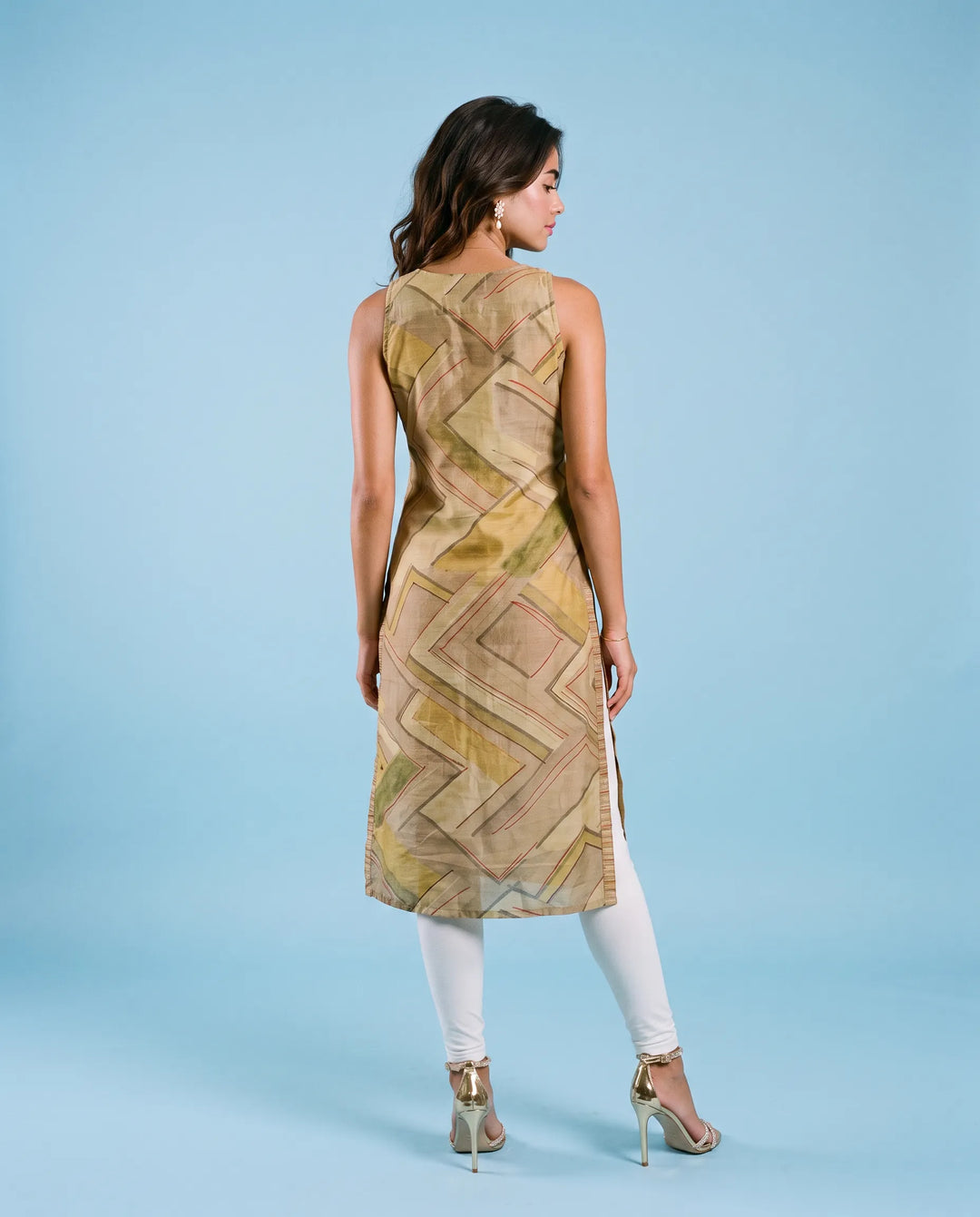 Beige Viscose Blended Sleeveless Straight cut Long Kurta
