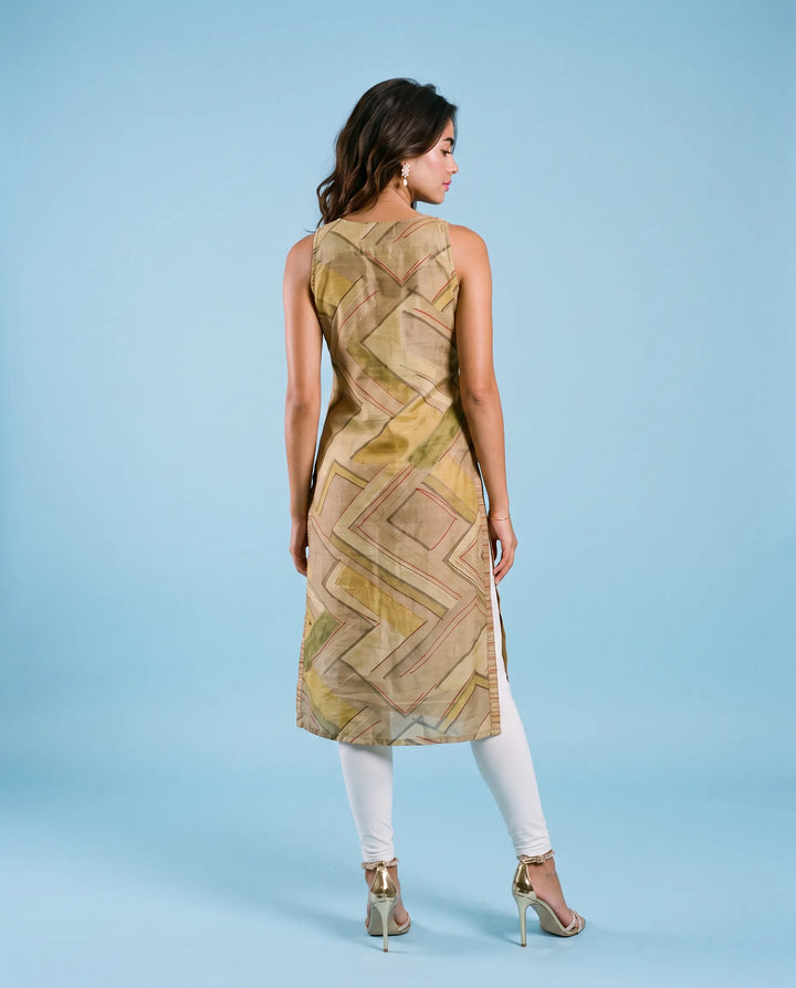 Beige Viscose Blended Sleeveless Straight cut Long Kurta