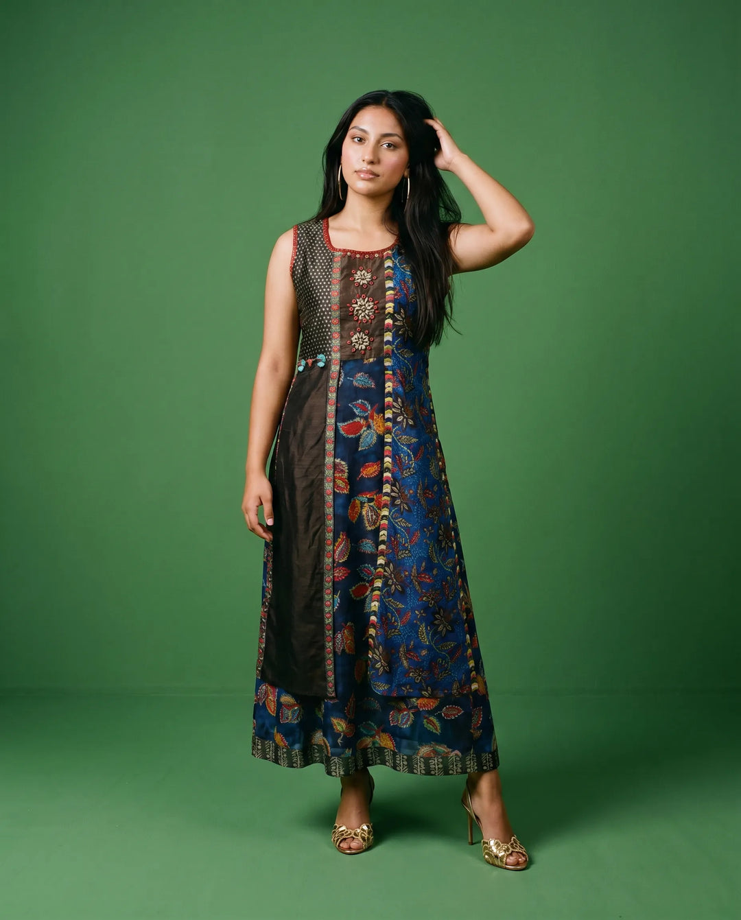 Navy Embriodered Viscose Blended Sleeveless Maxi Dress