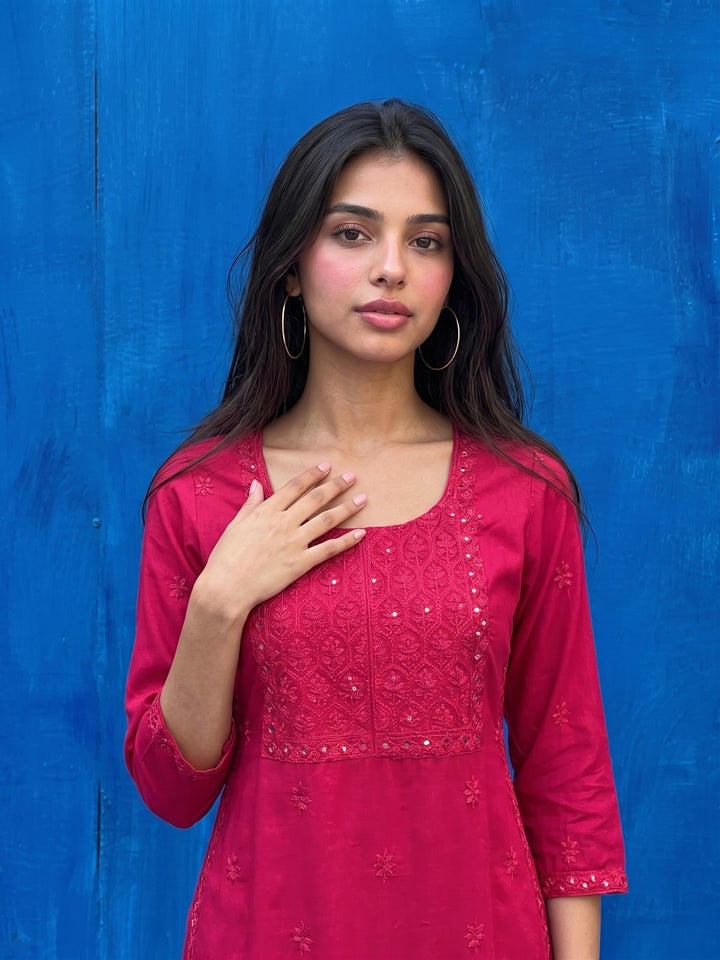 Magenta Embroidered Viscose Blended Straight cut Long Kurta